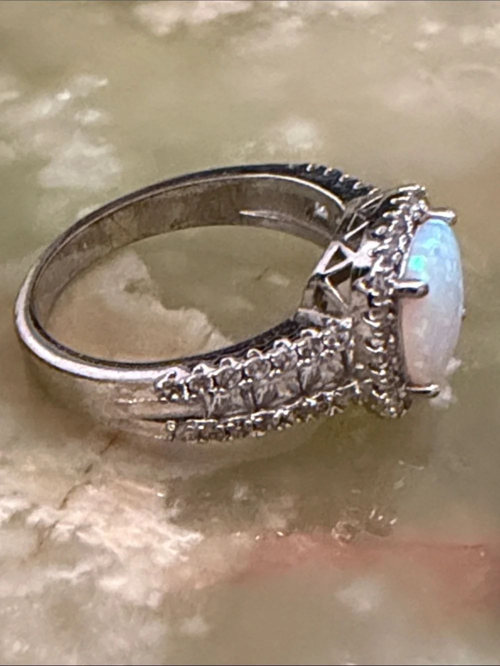 Opalescent Halo Cushion Ring in Silver-tone Setting - Ring Size 7 US